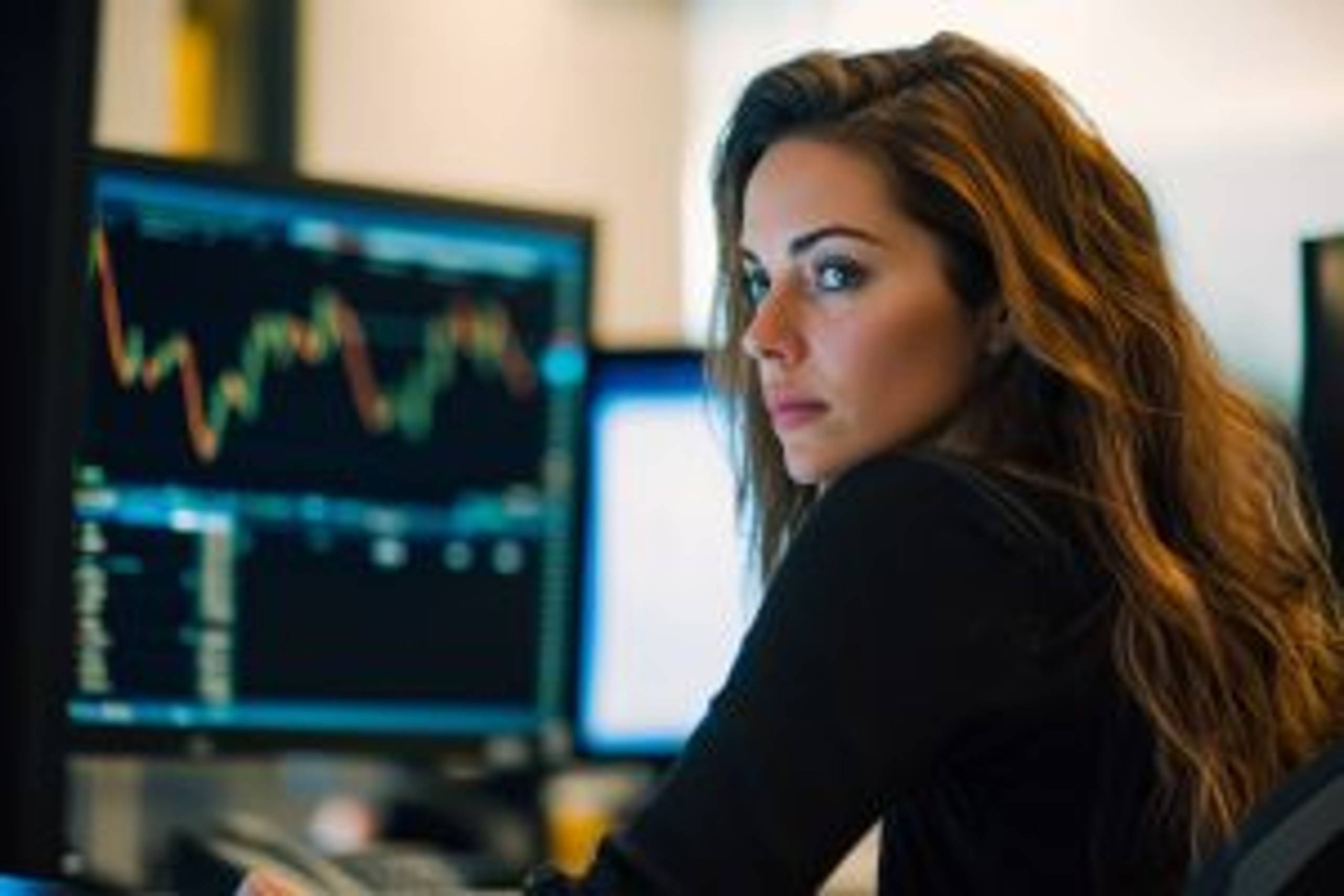 A beautiful female professional trading stock at her desk